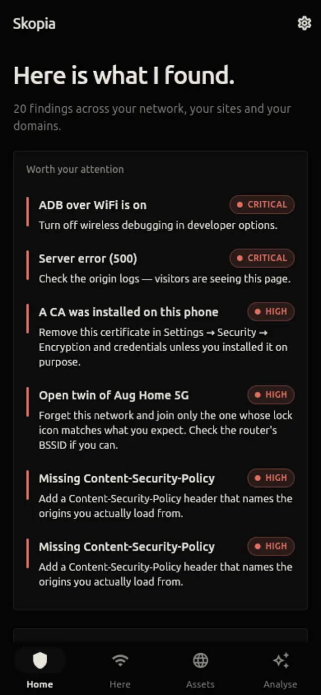 The Home screen: everything found across the network, sites and domains, worst first.